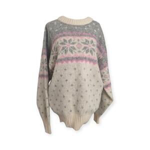 Vintage Icelandic Ice-Knit Gray Ivory & Pink Wool Pullover Sweater, Size Small